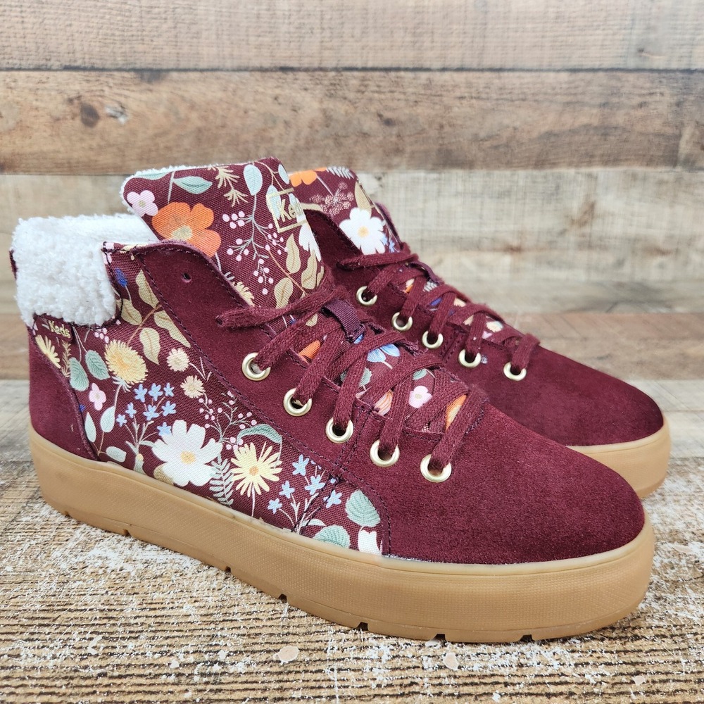 Keds x Rifle Paper Co. Tahoe Nouveau Women Sz 8 Burgundy Suede Floral Print Shoe